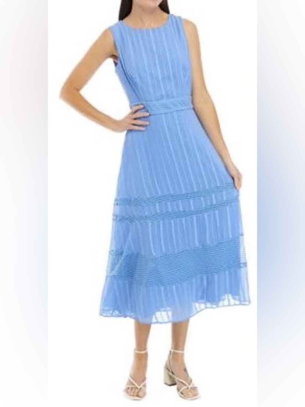 Taylor Light Blue Sleeveless Midi Dress with Waist Detail